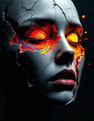 The primary subject of the image is a close-up of a woman's face with vibrant, colorful eyes. The setting is a dark background, which contrasts with the woman's face. The visual style is a digital art or illustration, creating a striking and unique appearance. The colors and mood of the image are bold and intense, with the woman's eyes being the focal point of the composition.